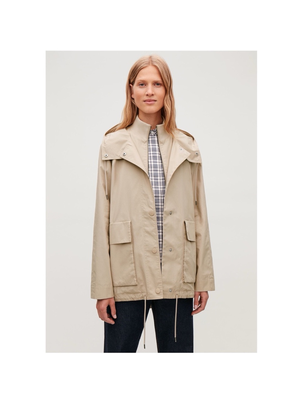 COS layered cotton parka with hood in oatmeal color with two pockets